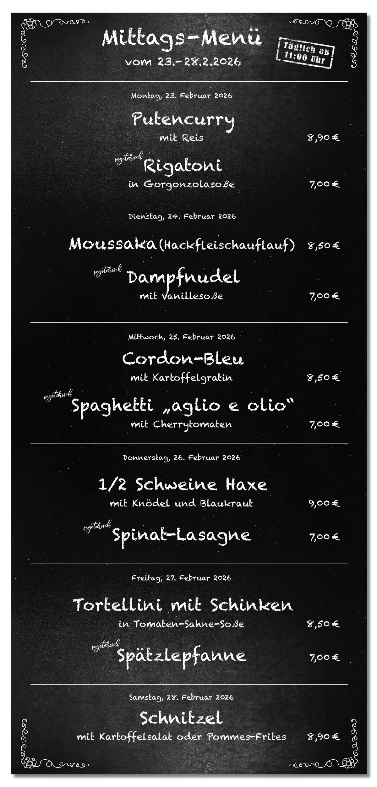 Mittagsmenü Tafel KW09
