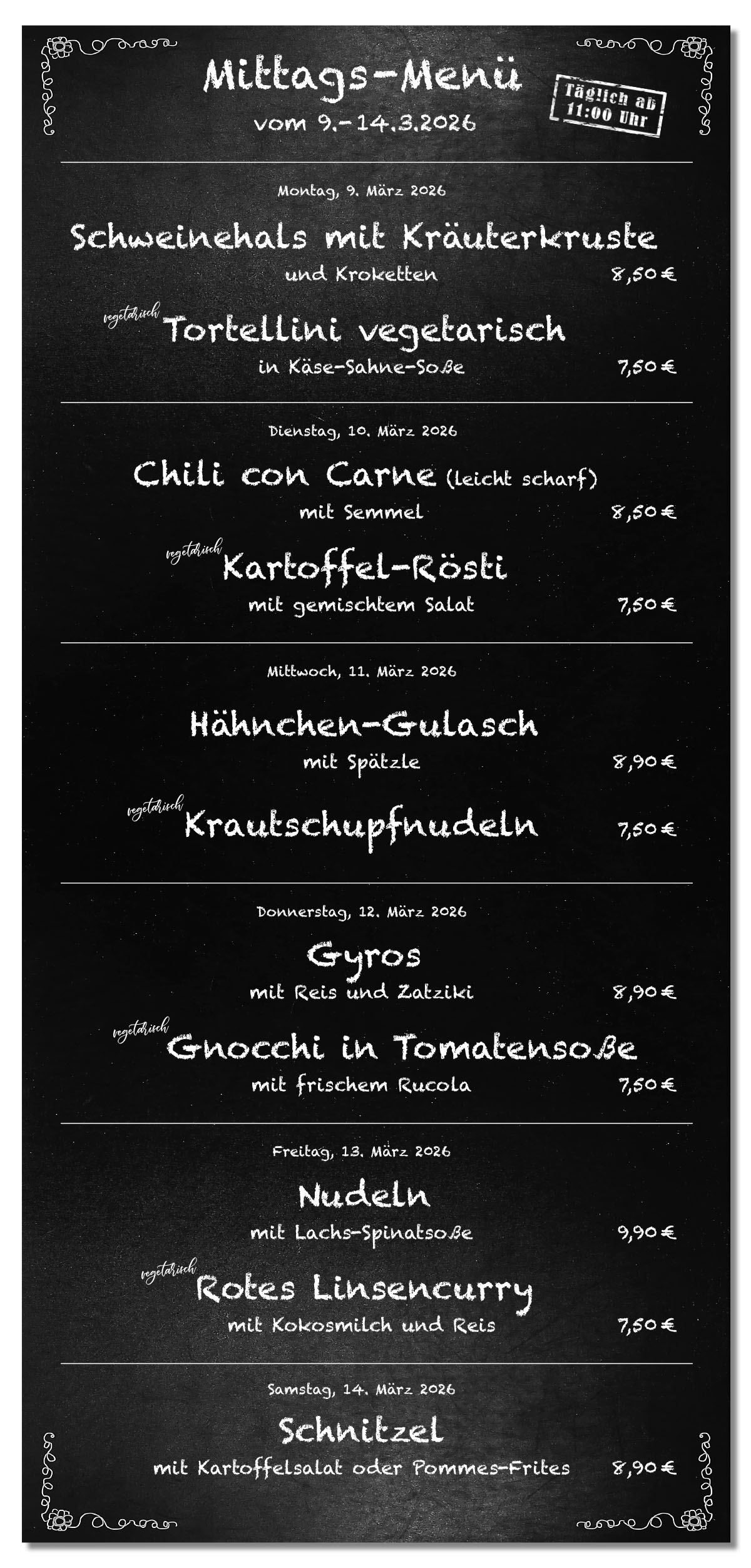 Mittagsmenü Tafel KW11