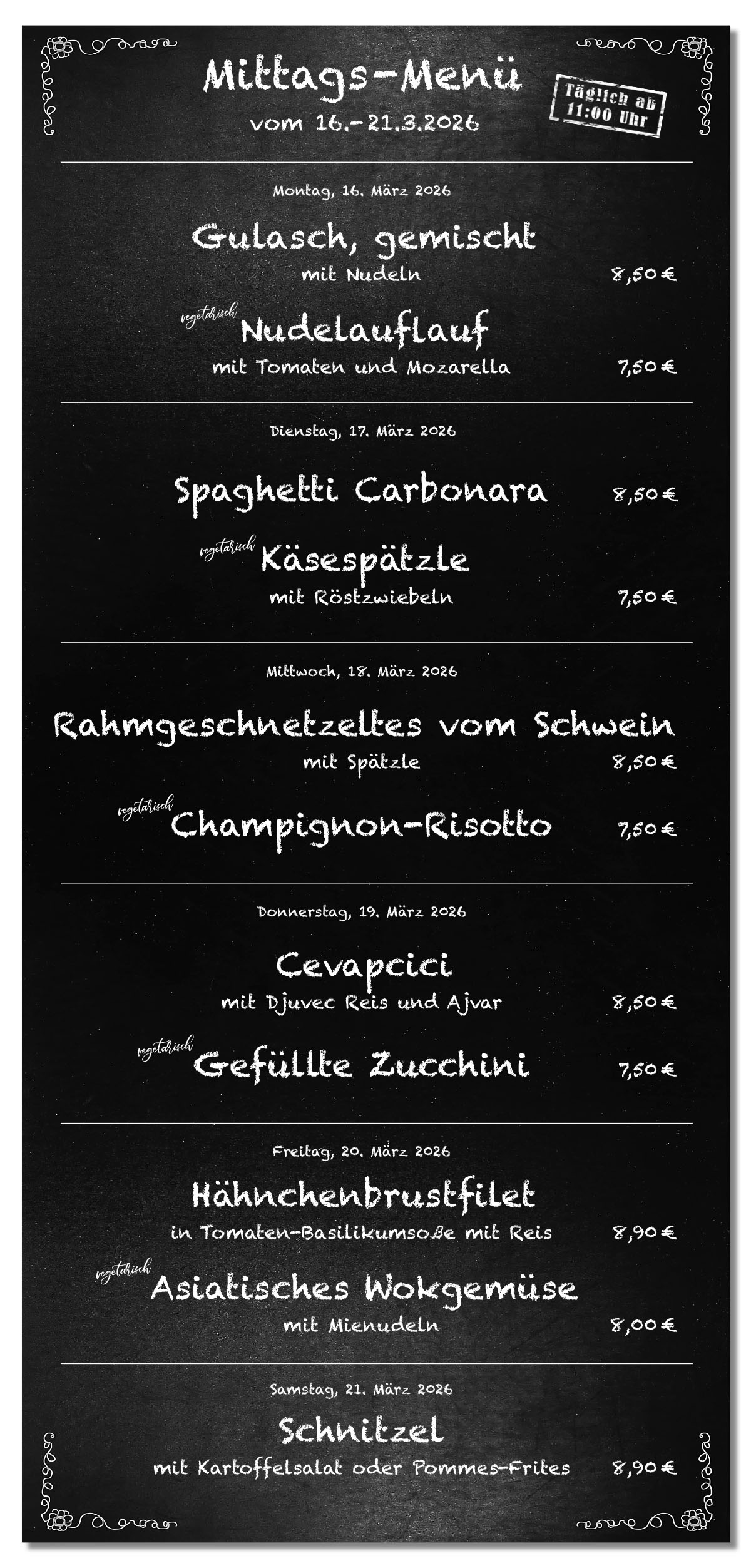 Mittagsmenü Tafel KW12