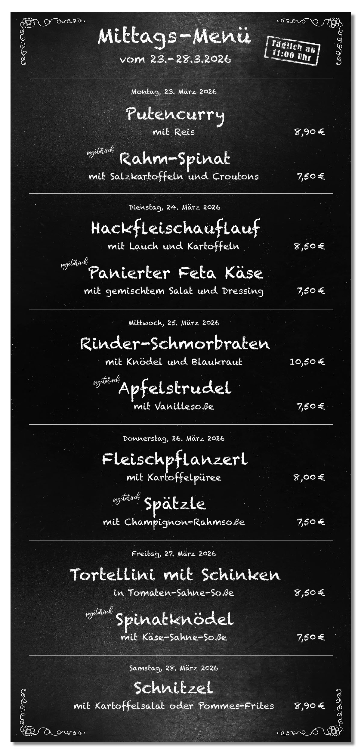 Mittagsmenü Tafel KW13