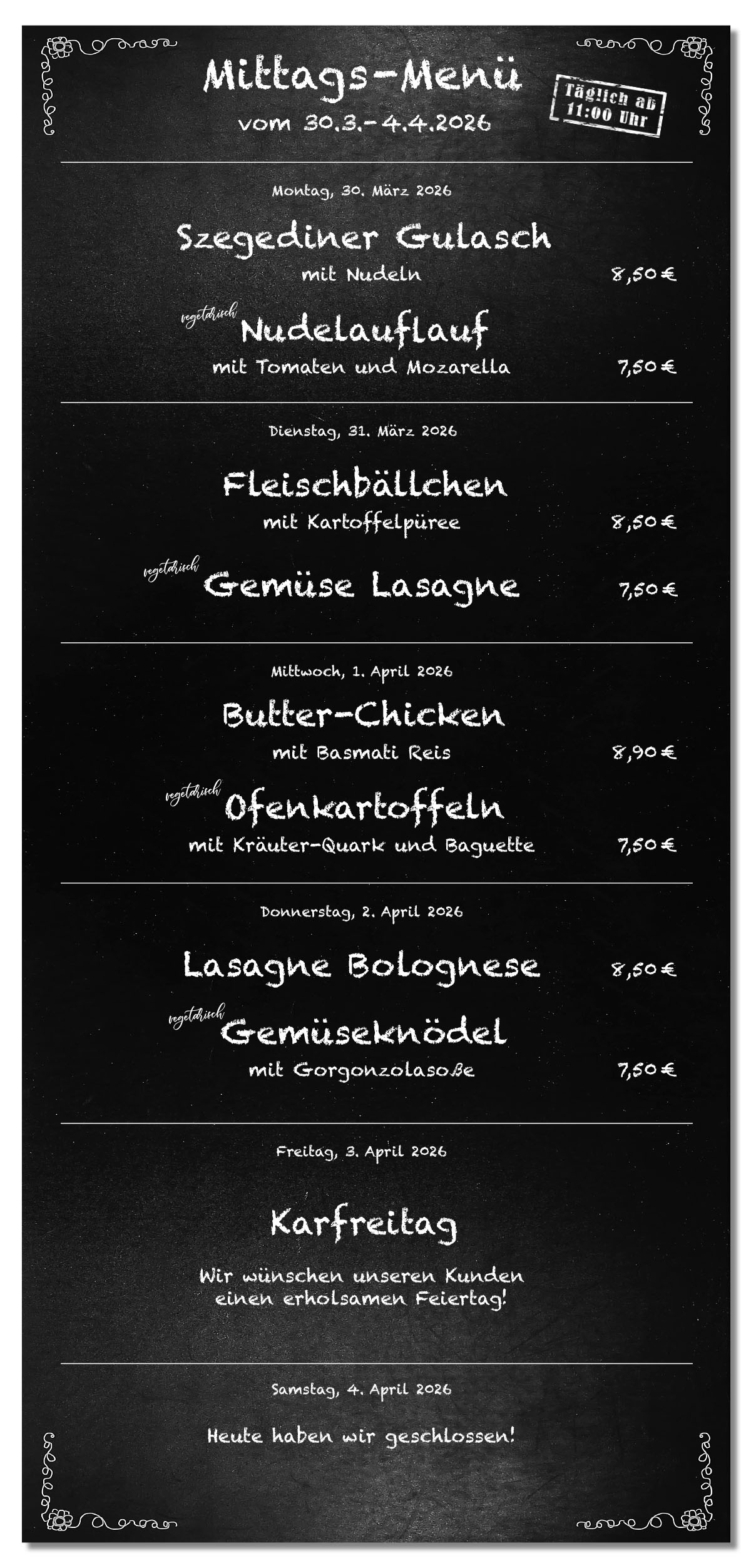 Mittagsmenü Tafel KW14