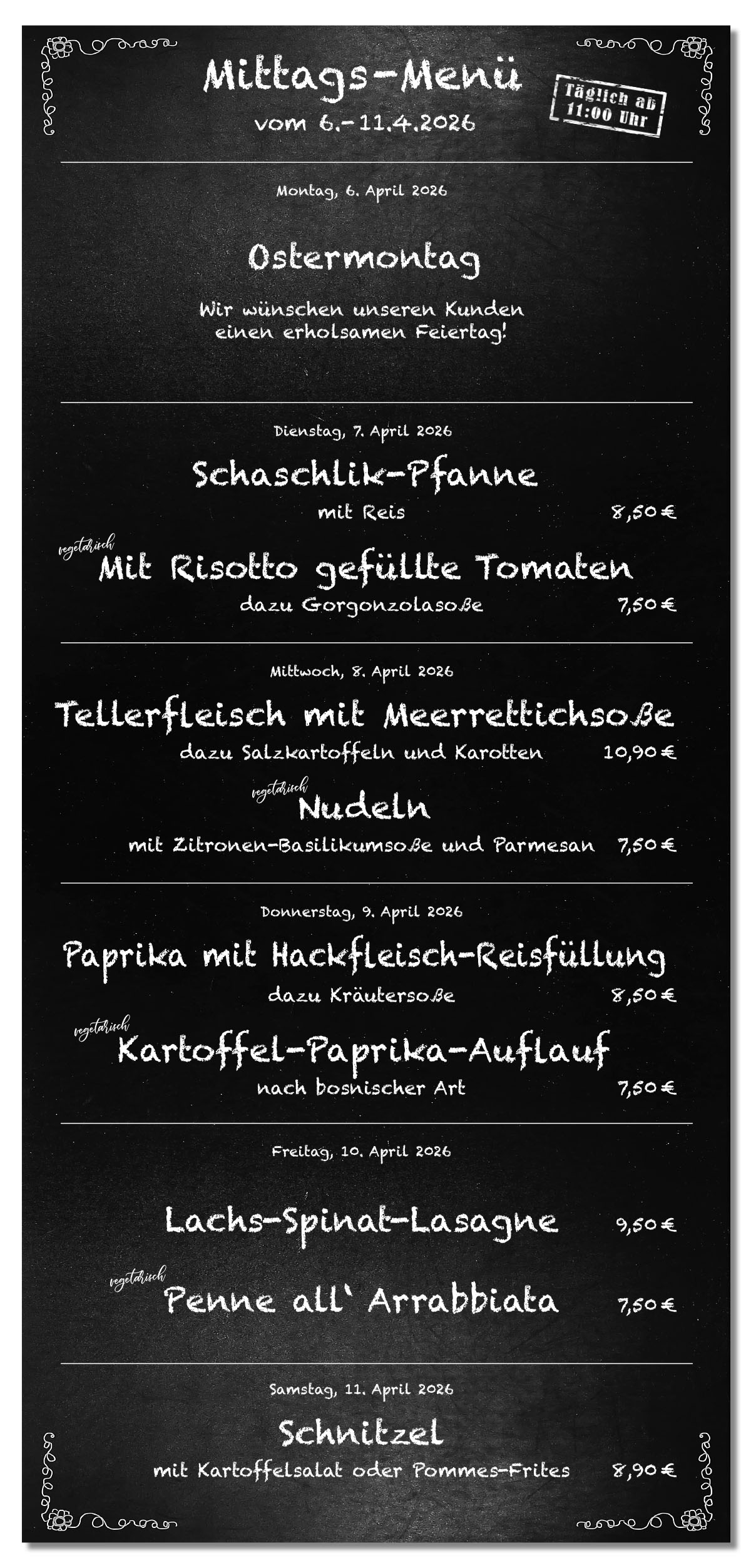 Mittagsmenü Tafel KW15