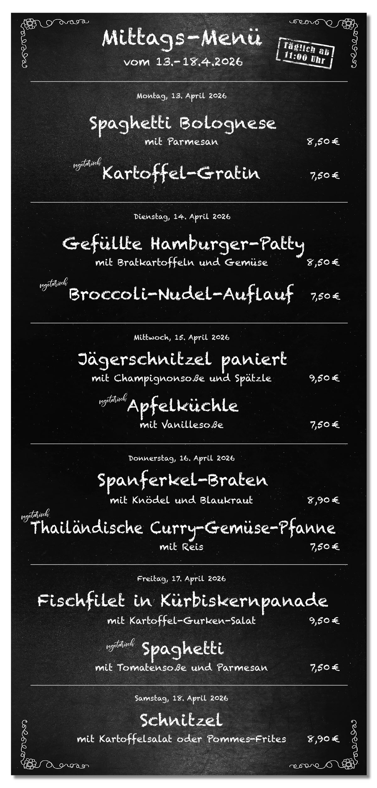 Mittagsmenü Tafel KW16