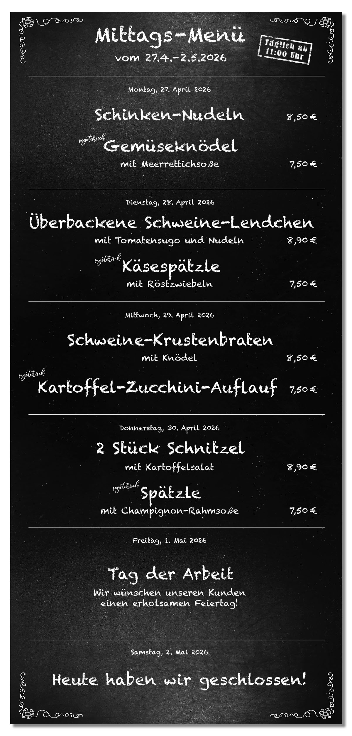 Mittagsmenü Tafel KW18