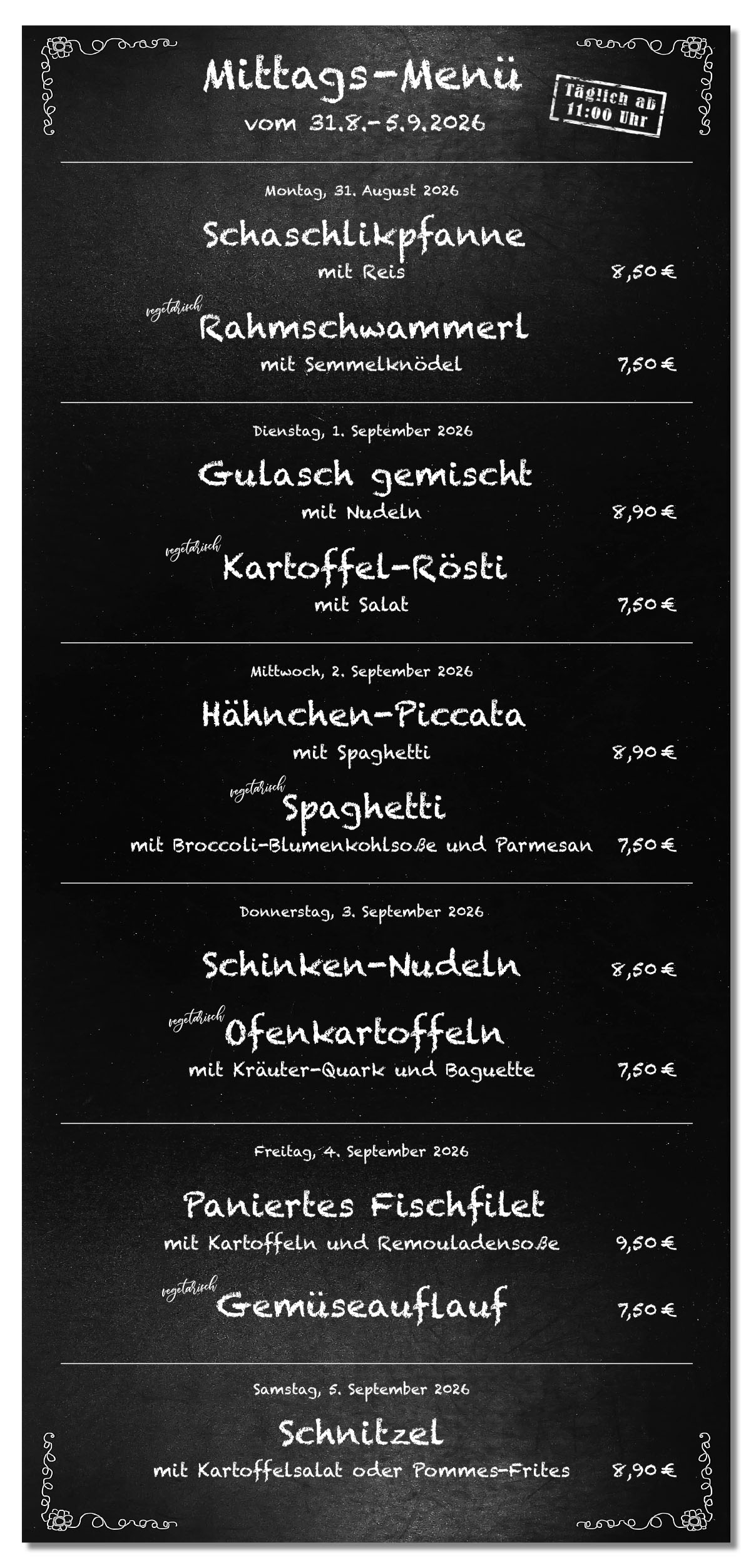 Mittagsmenü Tafel KW36