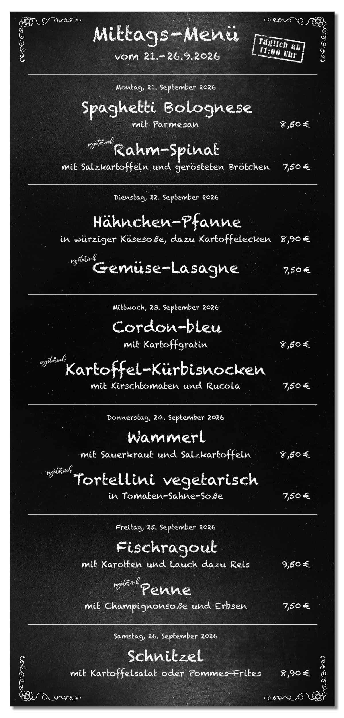 Mittagsmenü Tafel KW39